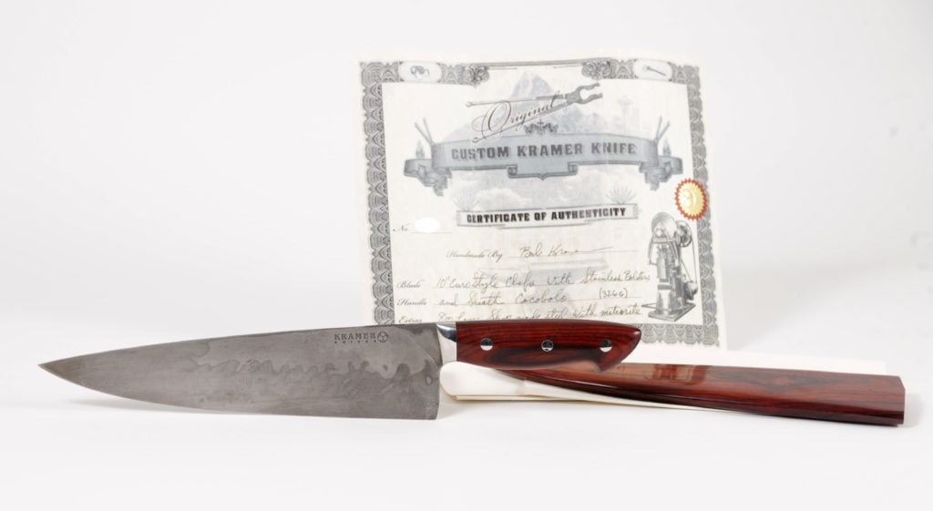 A custom Bob Kramer steel and meteorite chef's knife, with a certificate to Anthony Bourdain. Courtesy of Lark Mason Associates.