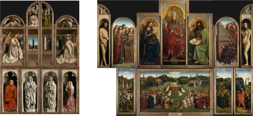 The Ghent Altarpiece, front and back. The missing panel was stolen almost 100 years ago. Photo by D. Provost (closed Ghent Altarpiece) and H. Maertens (open Ghent Altarpiece); courtesy of Saint-Bavo’s Cathedral, Art in Flanders.