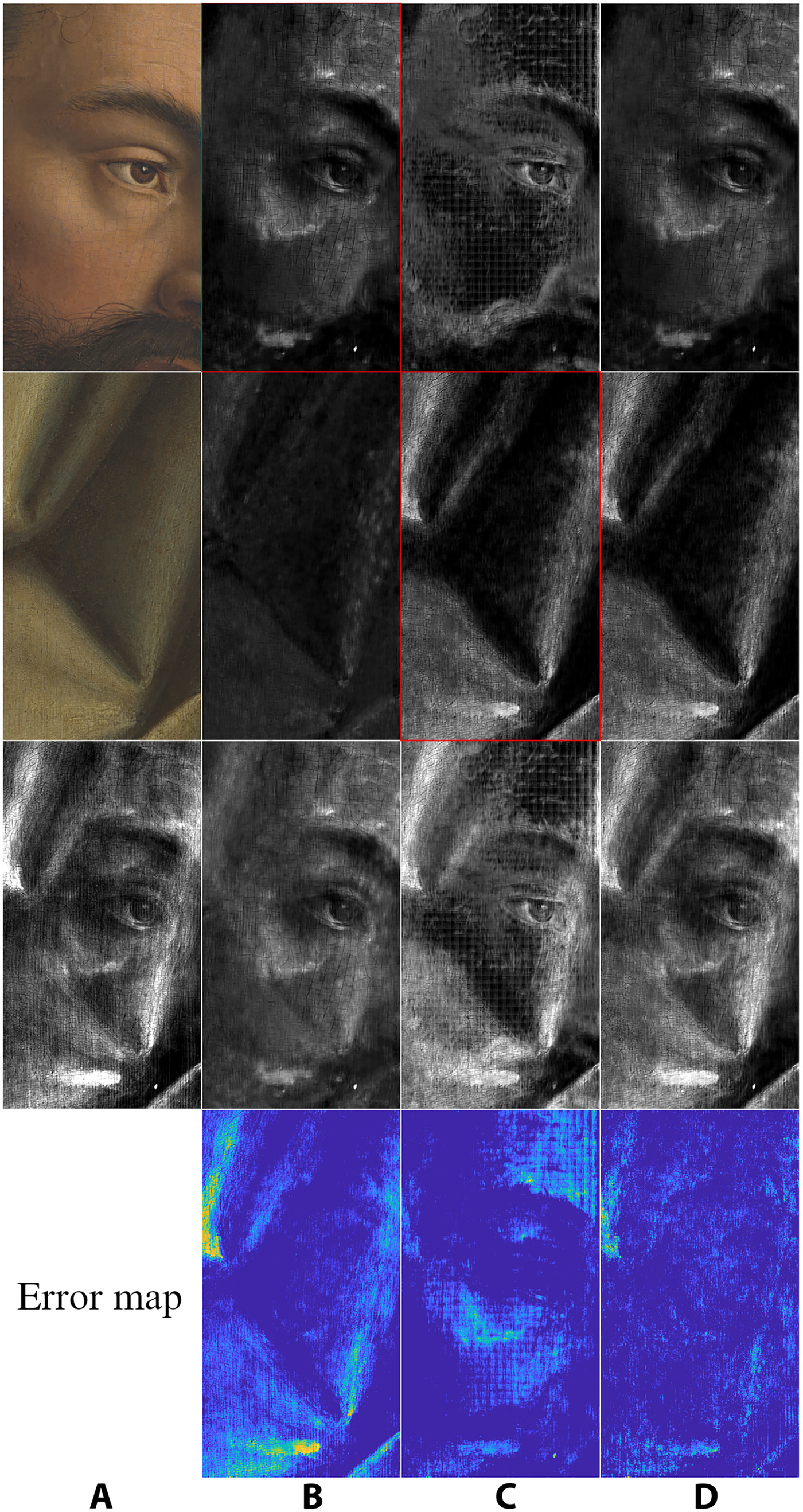 The algorithm interpreting the x-rays of a detail of Adam on the Ghent Altarpiece. The first two rows show the unmixed x-rays separating the two sides, while the third row shows the original x-ray of the full panel.