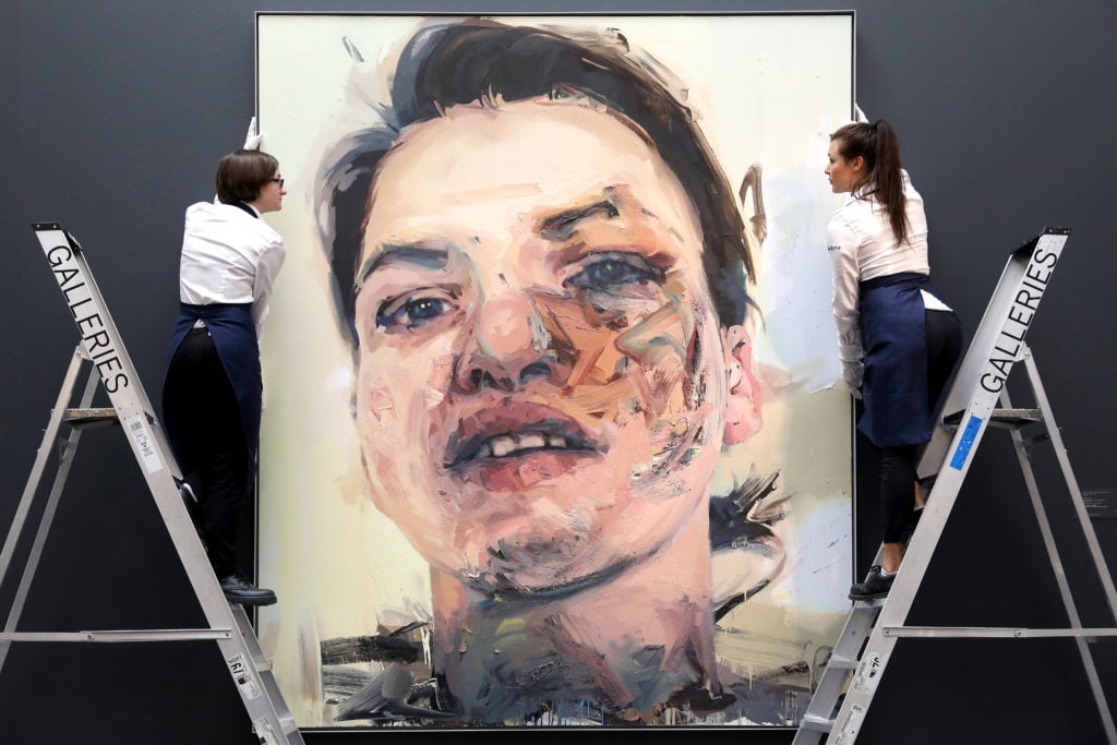 Jenny Saville's Shadow Head (2018), on view ahead of Sotheby’s London contemporary evening sale in June 2019. (Photo by Tristan Fewings/Getty Images for Sotheby's)