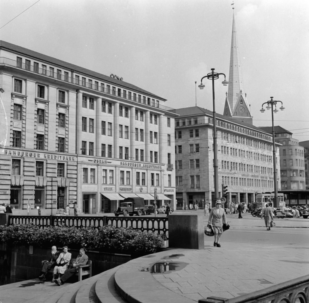 Office buildings in Hamburg that were rebuilt after destruction in World War II, at the City Hall Market Square in 1955. (Photo by Three Lions/Getty Images)
