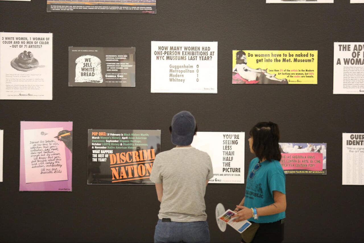 Installation view of "Guerrilla Girls" at the Dallas Museum of Art, 2018.