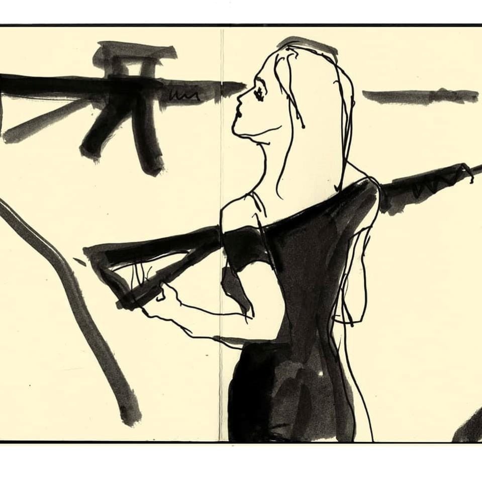 Jill Gibbon, arms trade sketch. Courtesy of Art the Arms Fair.