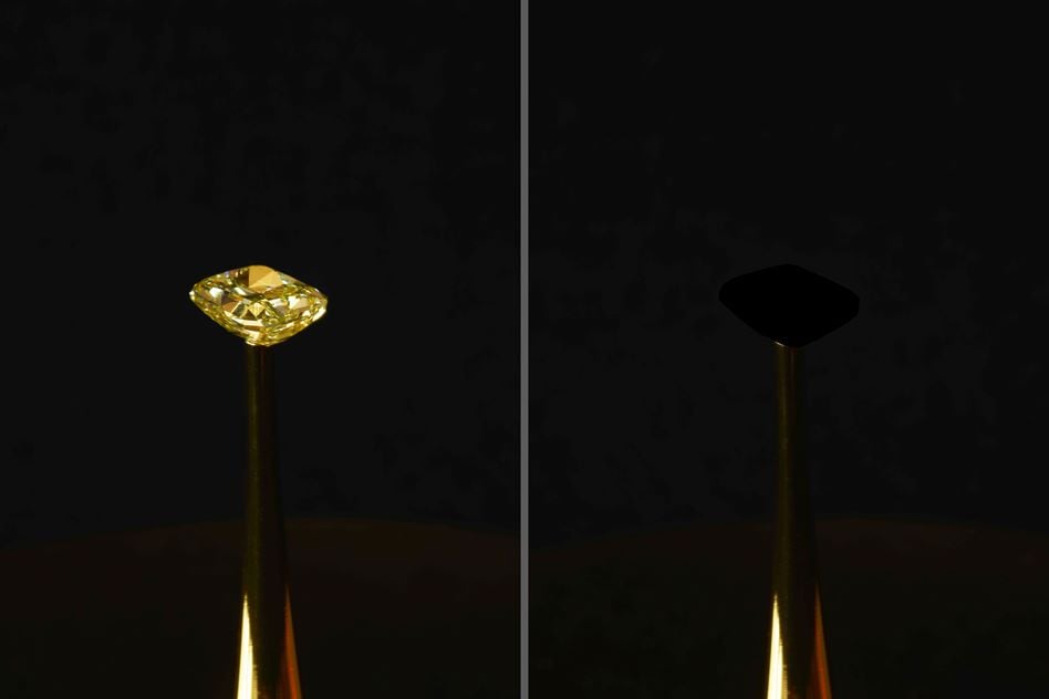 The yellow diamond before and after coating with carbon nano-tubes. Image by Diemut Strebe