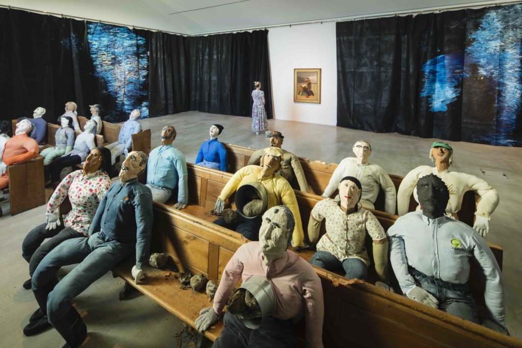Oscar Murillo, installation Turner Prize 2019 at Turner Contemporary. Including; surge (social cataracts) (2019), Collective Conscience (2019), The Institute of Reconciliation (2019), and John Watson Nicol, Lochaber No More (1883). Photograph by David Levene. Courtesy the artist and Turner Contemporary.