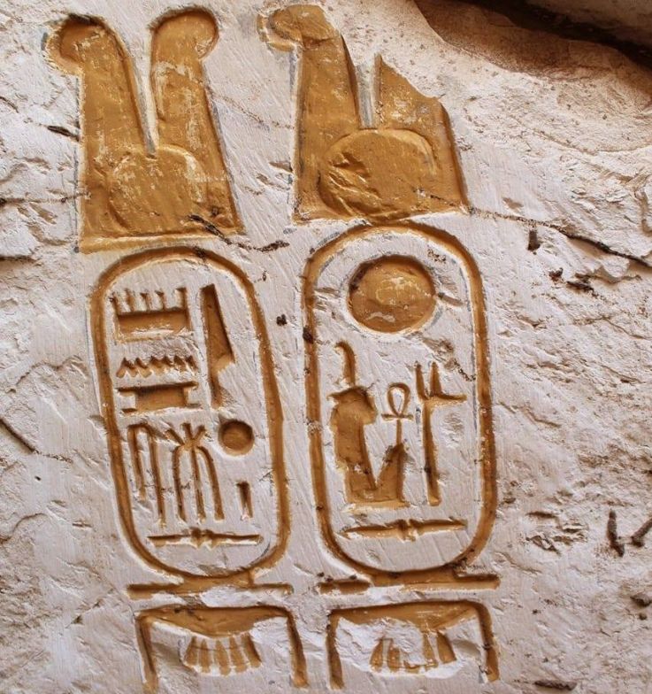 Special hieroglyphic symbols denote the name of Ramesses II at a previously undiscovered palace at the ancient site of Abydos. Photo courtesy of Egyptian Ministry of Antiquities. 