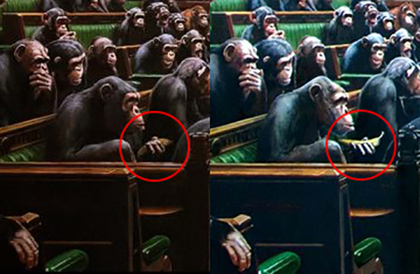 On the left, the current version of the Banksy work; on the right, how it appeared previously.