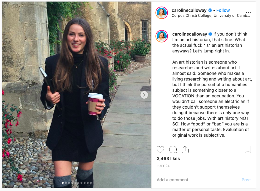 Screenshot of Caroline Calloway's Instagram post about art history. 