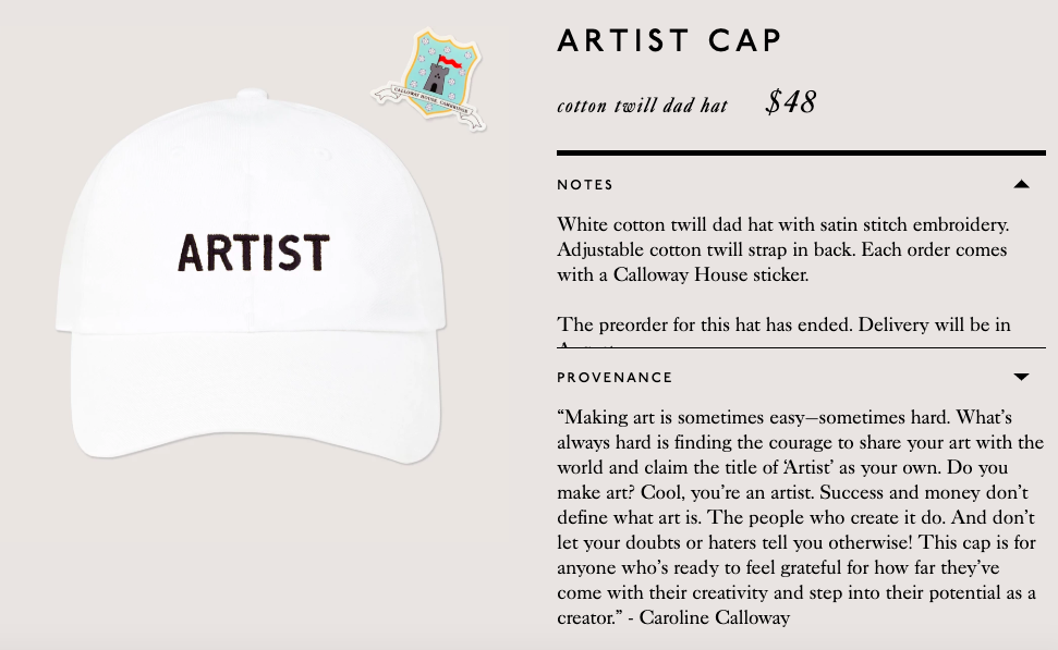 Screenshot of Caroline Calloway-designed "dad hat" sold through Rowing Blazers.