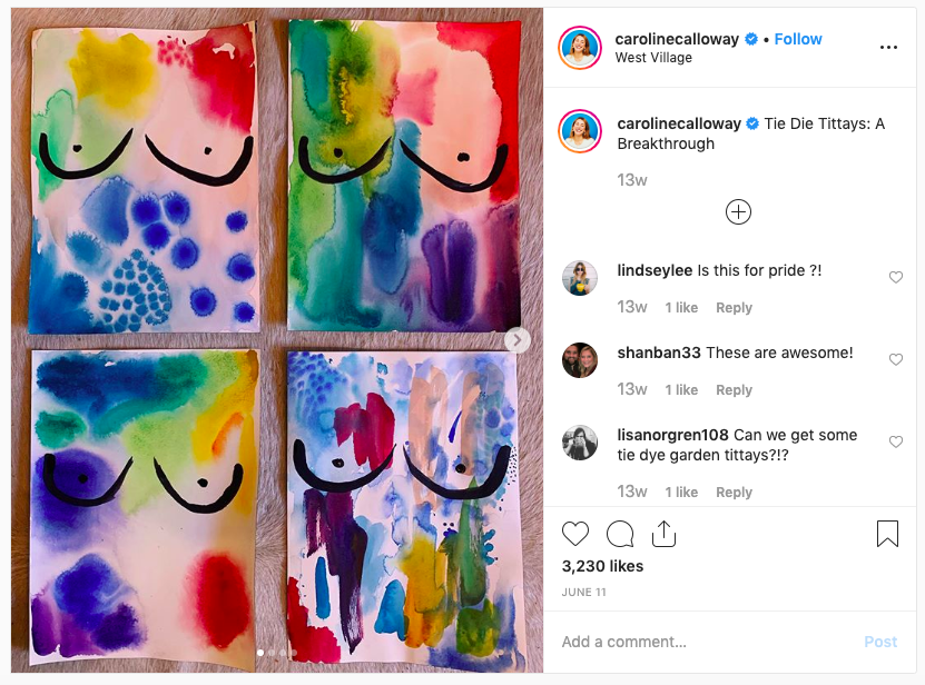 Screenshot of Caroline Calloway's Instagram post about her "Tittay Paintings." 