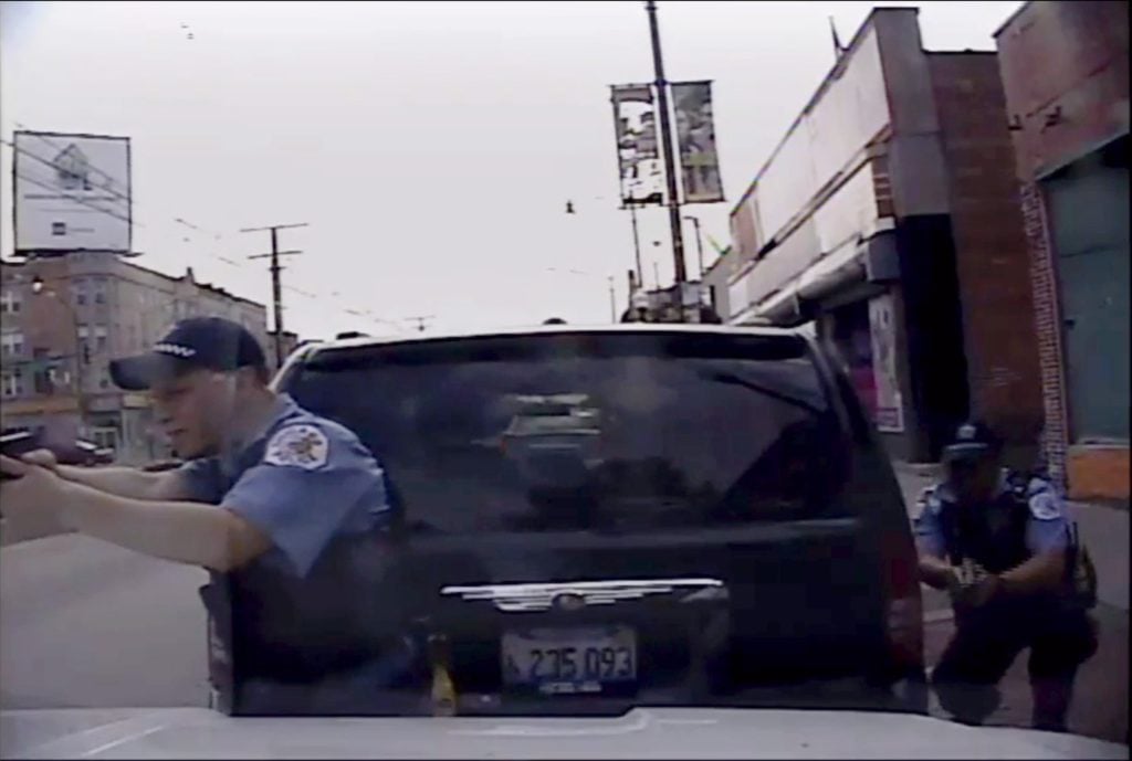 A still from dashcam footage release just three weeks ago showing officers in pursuit of, and subsequently shooting, Harith Augustus. Photo courtesy of Forensic Architecture and the Invisible Institute. 