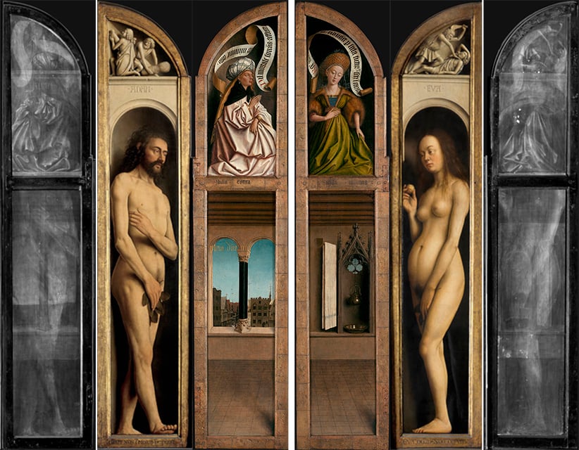 The two double-sided panels from the Ghent Altarpiece along with their x-ray images revealing both sides of each panel. Photo by Hugo Maertens (interior view), Dominique Provost (exterior view), KIK-IRPA (x-ray), courtesy of Saint-Bavo’s Cathedral, Art in Flanders.
