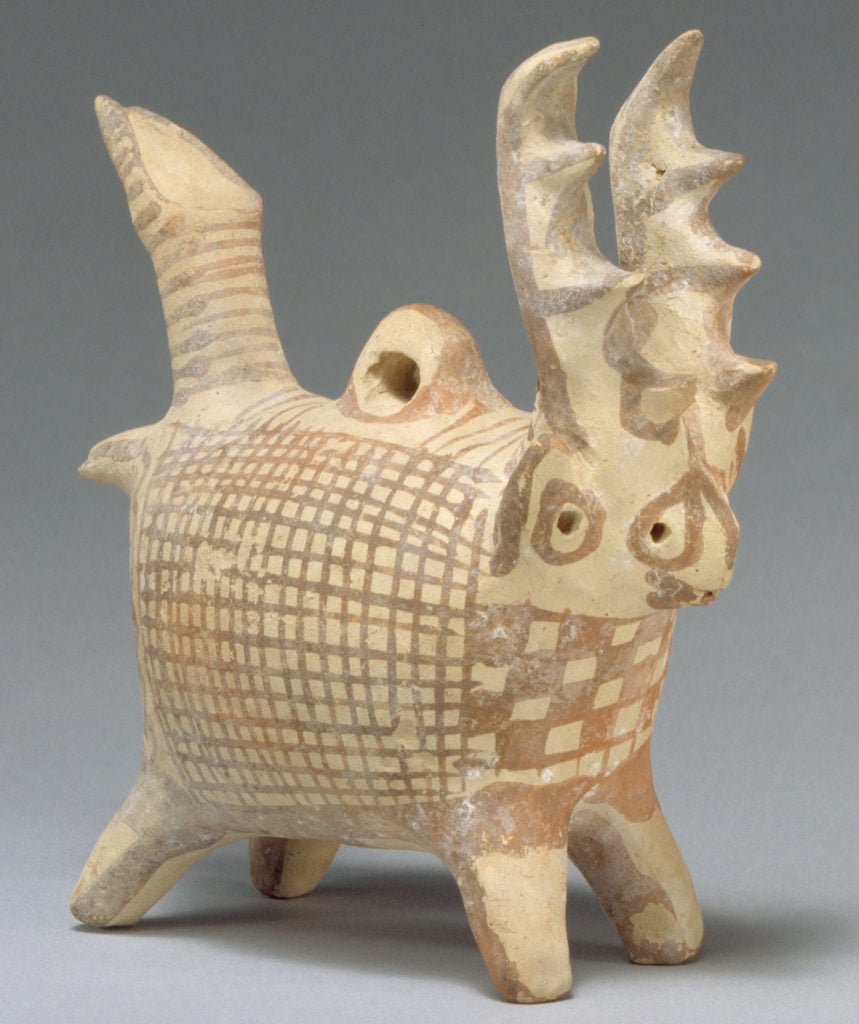 Terracotta zoomorphic askos (vessel) with antlers, Middle Cypriot III, ca. 1725–1600 B.C. The Cesnola Collection.