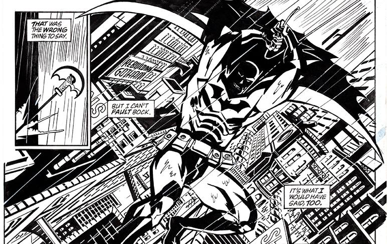 Illustration from <em>Detective Comics</em> #742, page 12, <em>The Honored Dead</em> (2000). Script by Greg Rucka, pencils by Shawn Martinbrough, inks by Steve Mitchell, and letters by Todd Klein. Courtesy of the Society of Illustrators. 