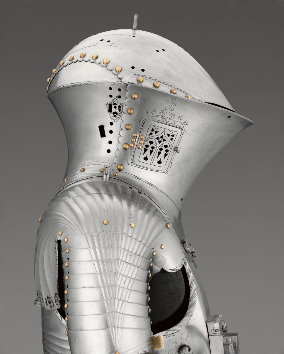 Portions of an Armor for the Joust of Peace of Maximilian I, German, Augsburg (circa 1494), made by Jörg Helmschmid the Younger, German, died 1504. On loan from the Kunsthistorisches Museum, Vienna, Imperial Armoury. Photo by Bruce M. White, courtesy of the Metropolitan Museum of Art, New York.