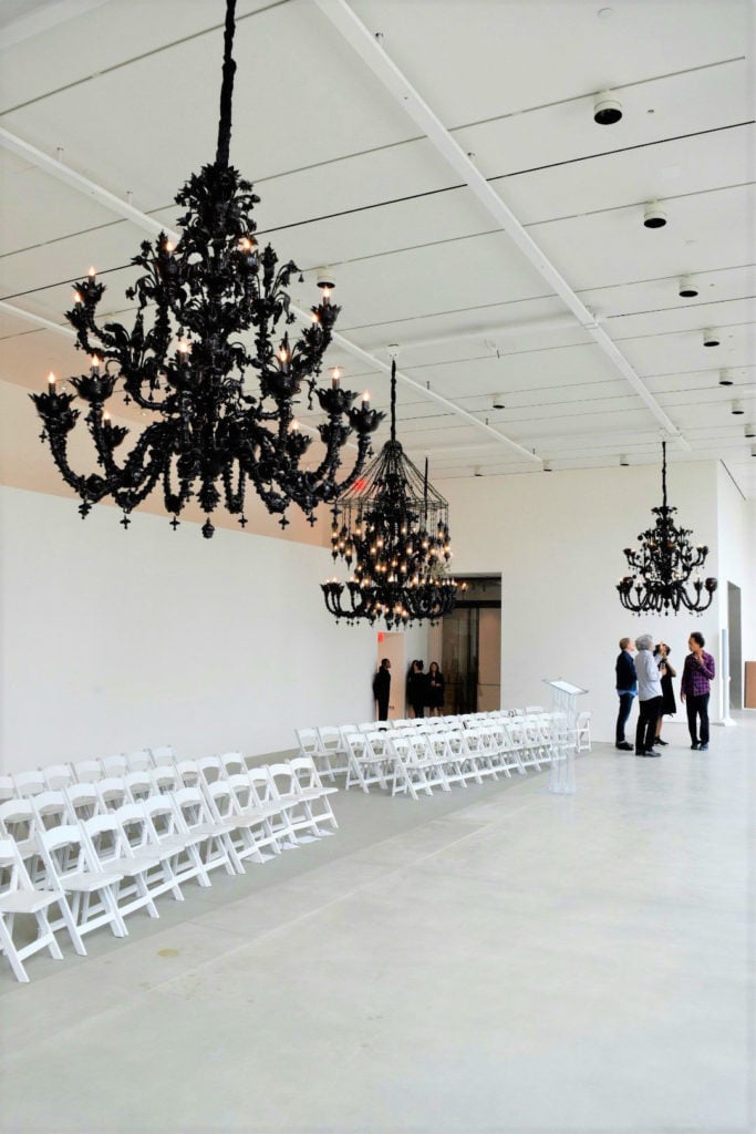 Chandelier works by Fred Wilson on the 7th floor of the new Pace Gallery.