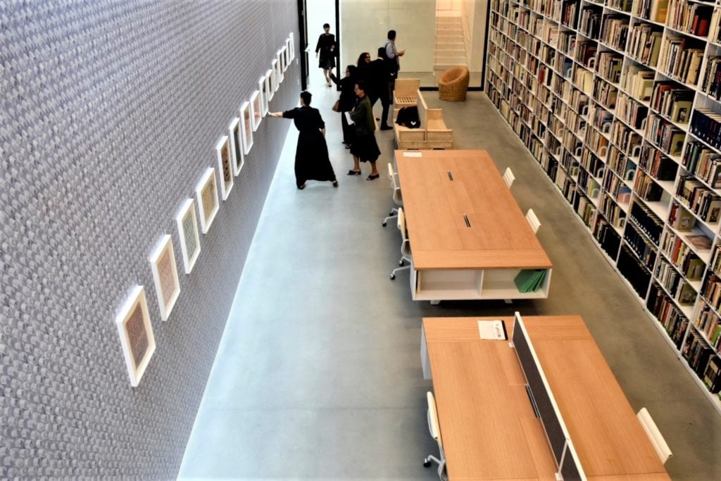 The library at the new Pace gallery, with works by Yto Barrada (at left).