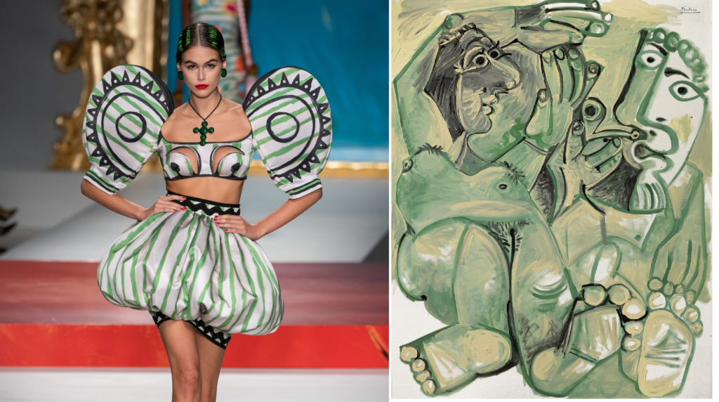 Fractured green and black outfit recalls Picasso's <i>Homme et femme nus</i> (1968). 
