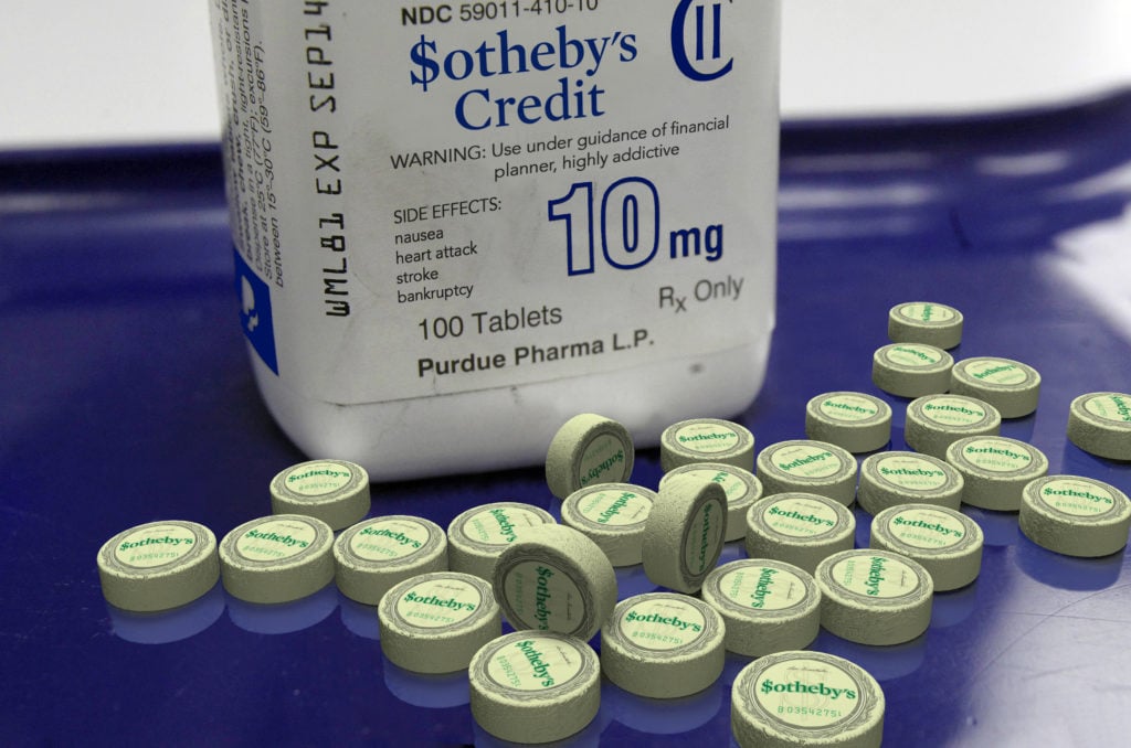 Sotheby’s Easy Art Credit may cause nausea, vomiting, and bankruptcy. Use only as directed. If you can’t afford the pill, this medication is not for you! Photo illustration courtesy of Kenny Schachter.