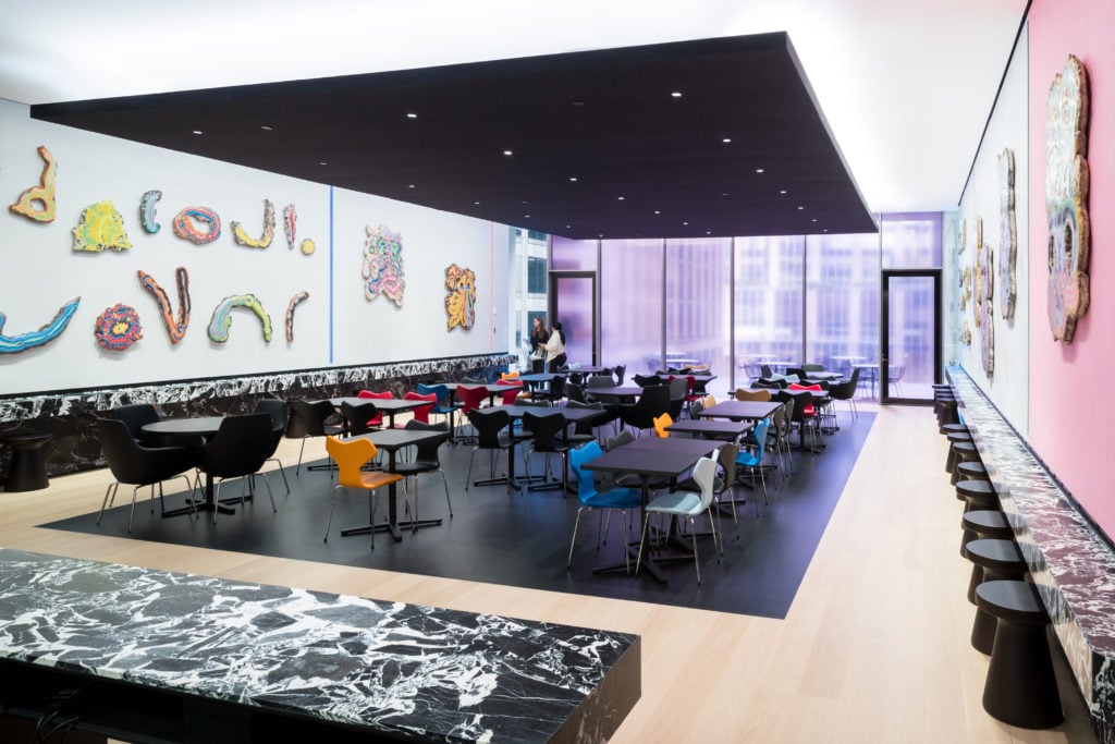 Installation View of Fossil Psychics for Christa (2019) by Kerstin Brätsch in The Caroll and Milton Petrie Terrace Sixth Floor Café. The Museum of Modern Art Renovation and Expansion Designed by Diller Scofidio + Renfro in collaboration with Gensler. Photography by Iwan Baan, Courtesy of MoMA .