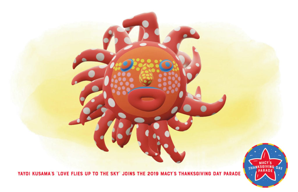 Yayoi Kusama, <em>Love Flies up to the Sky</em>. This rendering shows her balloon design for the annual Macy’s Thanksgiving Day Parade. Image courtesy of the Macy’s Thanksgiving Day Parade.
