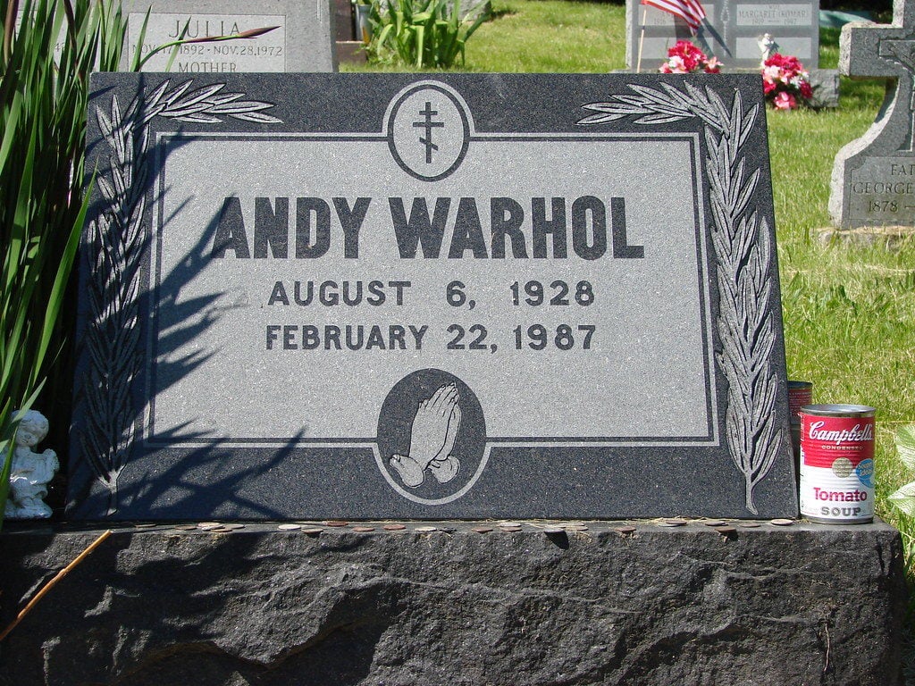 Andy Warhol's tombostone at St. John the Baptist Byzantine Catholic Cemetery, Bethel Park, PA. Courtesy of Flickr.