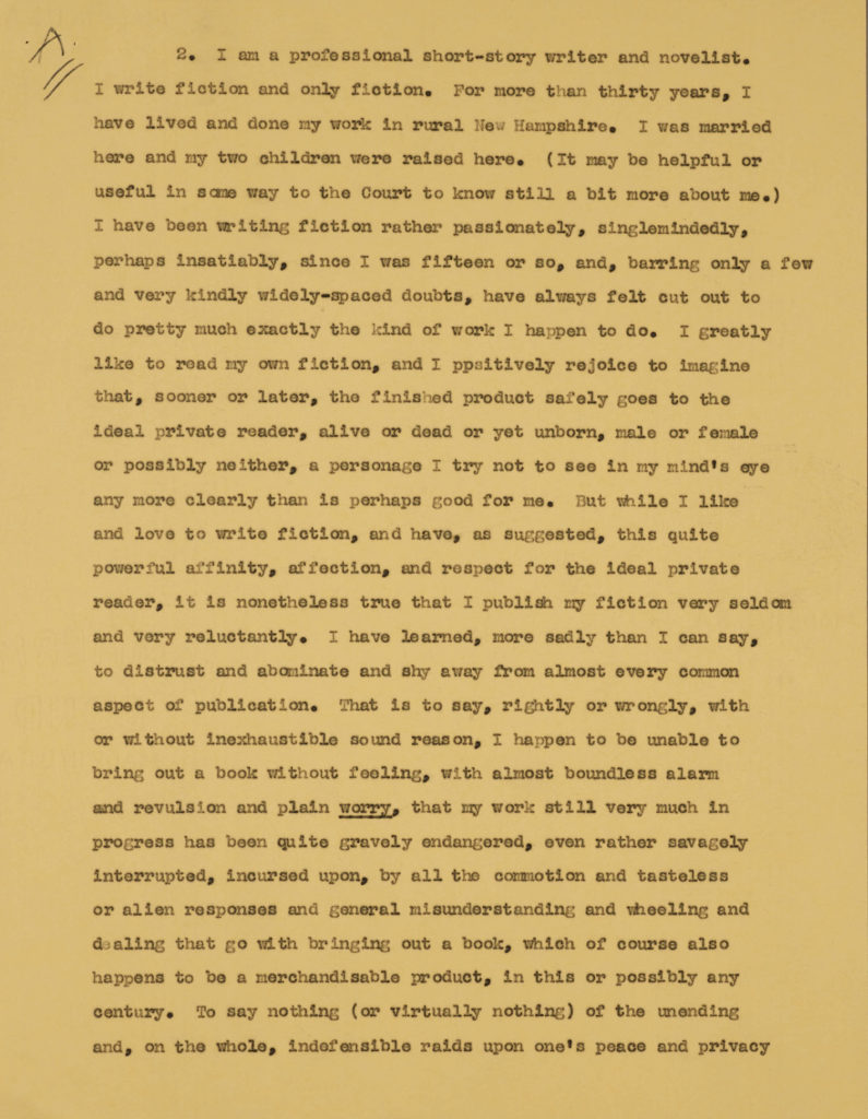 J.D. Salinger described himself in this addendum for affidavit, August 31, 1982. Courtesy of the the New York Public Library, Astor Lenox and Tilden Foundations, and the J.D. Salinger Trust