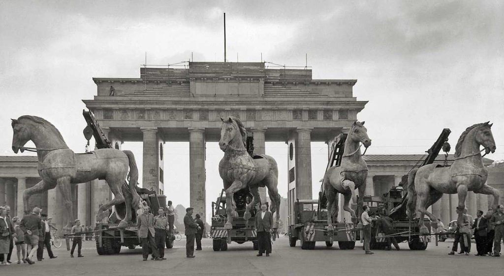 The horses of the Quadriga by Johann Gottfried Schadow at Brandenburger Tor after casting at Bronzegiesserei Noack, Berlin, 1958