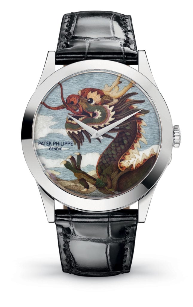 The Calatrava “Dragon” wristwatch with dial in wood marquetry. Photo courtesy Patek Philippe.