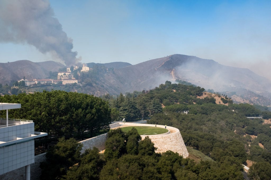 Smoke from the Getty fire as seen from the Getty Center in Los Angeles. Photo courtesy of the J. Paul Getty Museum.