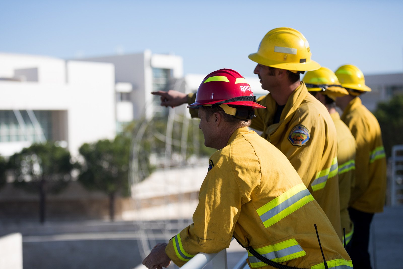 Firefighters stationed at the Getty Center in Los Angeles during the Getty fire. Photo by Christopher Sprinkle, courtesy of the J. Paul Getty Museum.