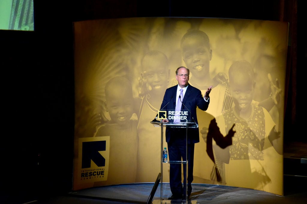 BlackRock CEO Larry Fink speaks onstage during the 2018 Rescue Dinner in New York City. (Photo by Eugene Gologursky/Getty Images for IRC)