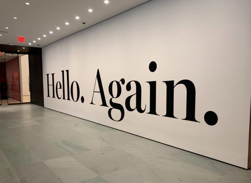 Haim Steinbach's hello again (2013) on view in the lobby of the newly reopened Museum of Modern Art. Courtesy the artist and Tanya Bonakdar Gallery New York / Los Angeles.