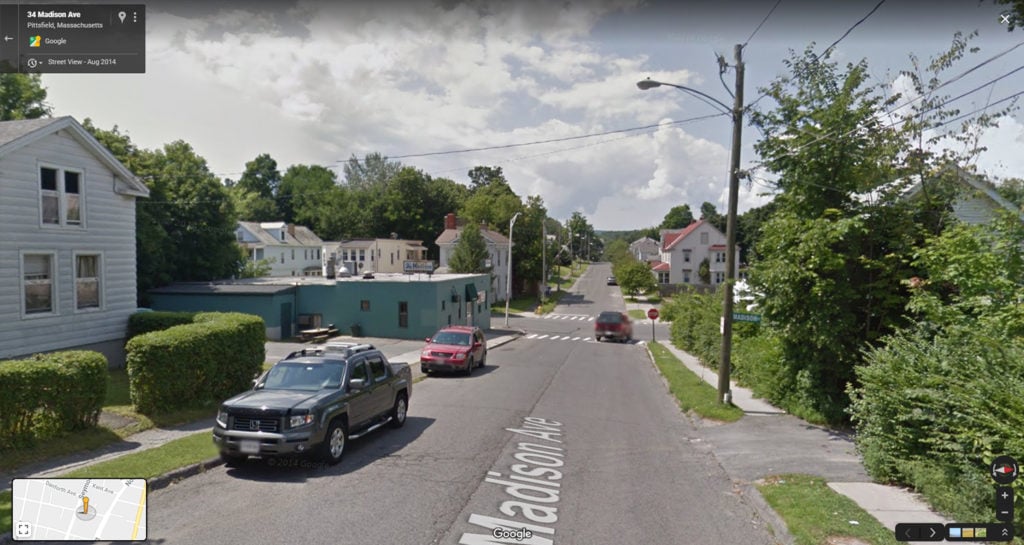 Madison Ave., between Seymour St. and Madison Pl., Pittsfield, Massachusetts. Courtesy of Google Street View.