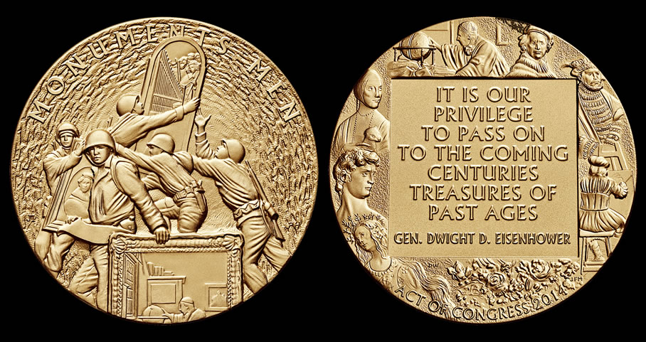 The Congressional Gold Medal presented to the Monuments and Women in 2015. Photo courtesy of the Monuments Men Foundation.