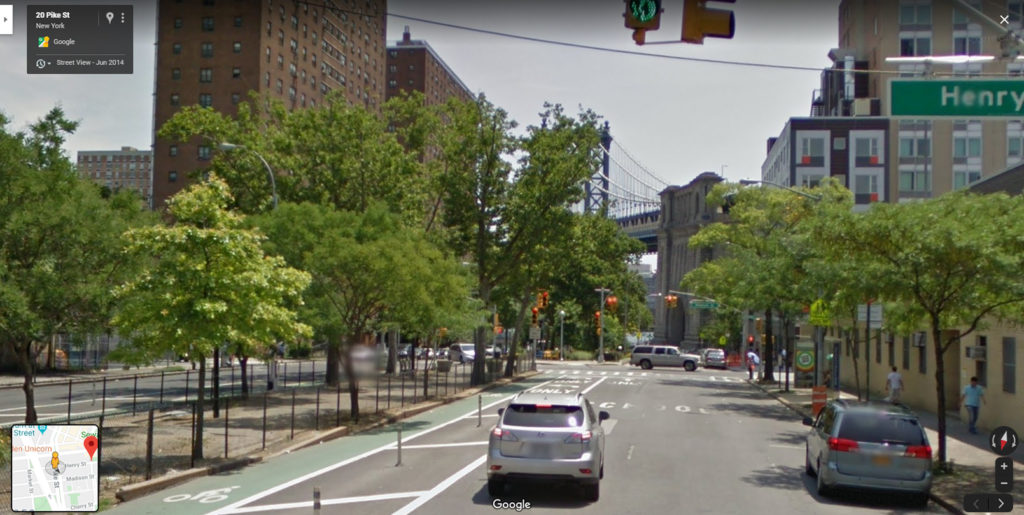 The corner of Pike St. and Henry St., New York. Courtesy of Google Street View.