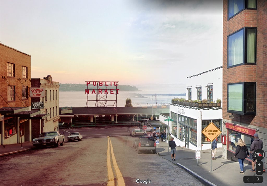 Stephen Shore's Pine Street, Seattle (1974) on the left, bleeding into an image from Google Street View.