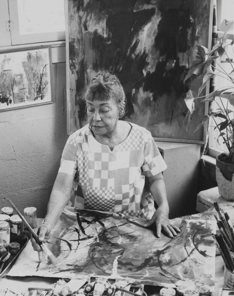 Alma Thomas working in her studio, ca. 1968 / Ida Jervis, photographer. Alma Thomas papers, circa 1894-2001. Archives of American Art, Smithsonian Institution.
