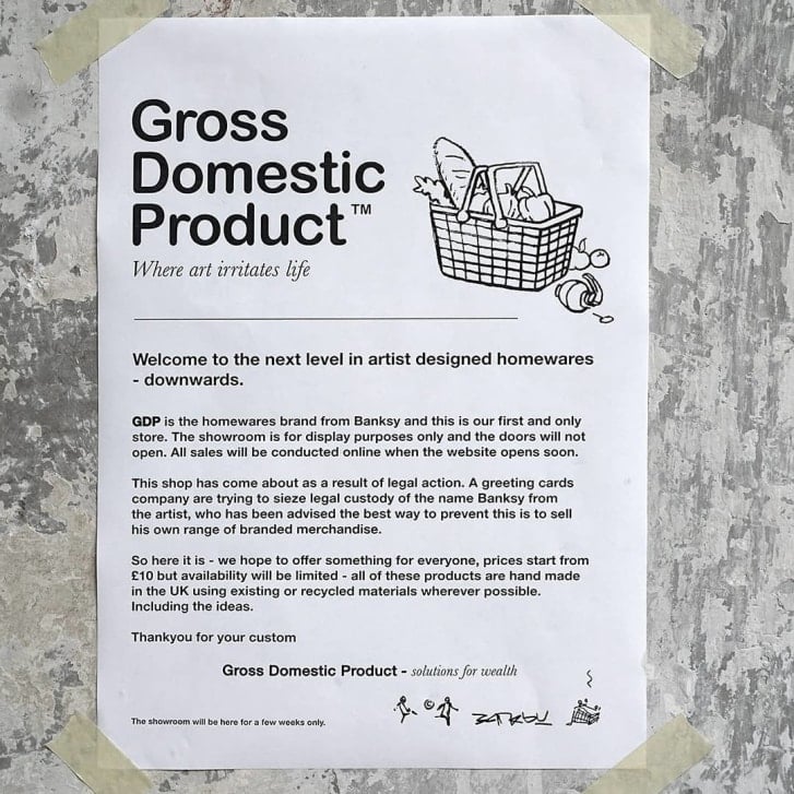 Announcement from Banksy Instagram, explaining Gross Domestic Product.