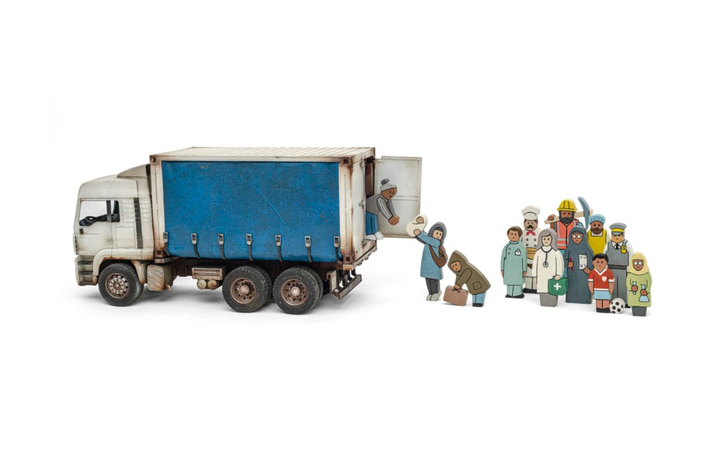 A toy truck full of migrant dolls is one of the goods available from Banksy's new shop Gross Domestic Product. Photo courtesy of the artist. 