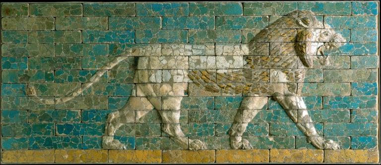 Reconstructed panel of bricks with a striding lion. Neo-Babylonian Period (reign of Nebuchadnezzar II, circa 604–562 BC). Processional Way, El-Kasr Mound, Babylon (modern Hillah), Iraq. Photo courtesy of the Metropolitan Museum of Art