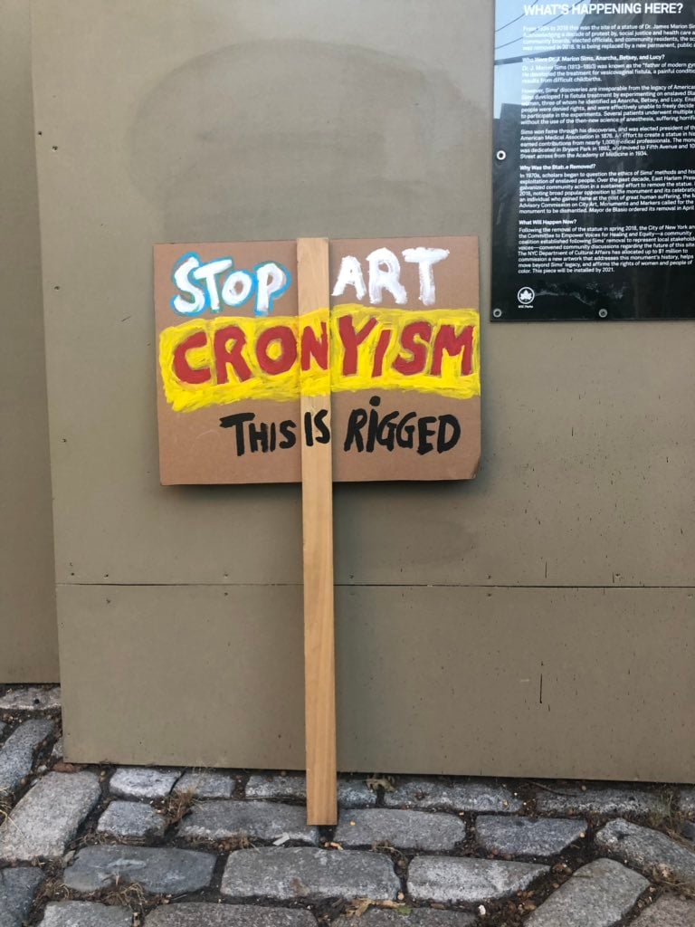 A sign from one of the attendees at the panel choosing the selection for the replacement for the controversial J. Marion Sims monument. Photo courtesy of Antwaun Sargent.