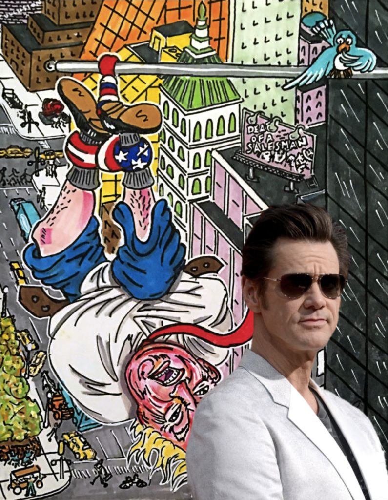 Jim Carrey with his work <i>The Great Spewdini</i> (2018). Image courtesy of Jim Carrey and Maccarone.