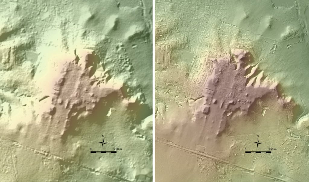 Takeshi Inomata identified this ancient Maya site, dubbed La Carmelita, using LiDAR maps, seen here in both low and high resolution. Image courtesy of the Instituto Nacional de Estadística y Geografía/Nacional Center for Airborne Laser Mapping.