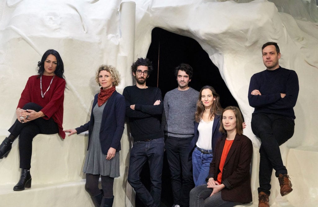Curators of the 15th Lyon Biennale. From left to right: Vittoria Matarrese, Daria de Beauvais, Yoann Gourmel, Hugo Vitrani, Claire Moulène, Adélaïde Blanc, and Matthieu Lelièvre