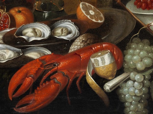 Martinus Nellius, Still life with wine glass, lobster and oysters along with fruits. Courtesy of Torres Nieto Fine Arts.