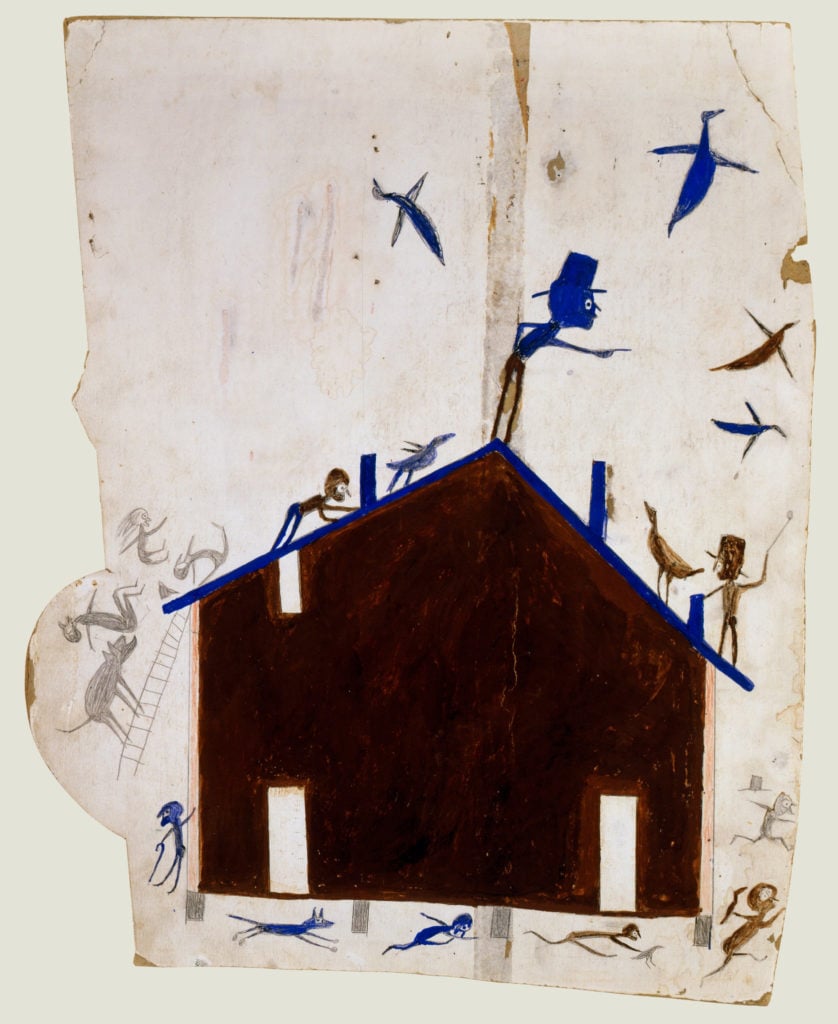 Bill Traylor, Brown House With Multiple Figures and Birds (1939–1942). Courtesy of David Zwirner Gallery.