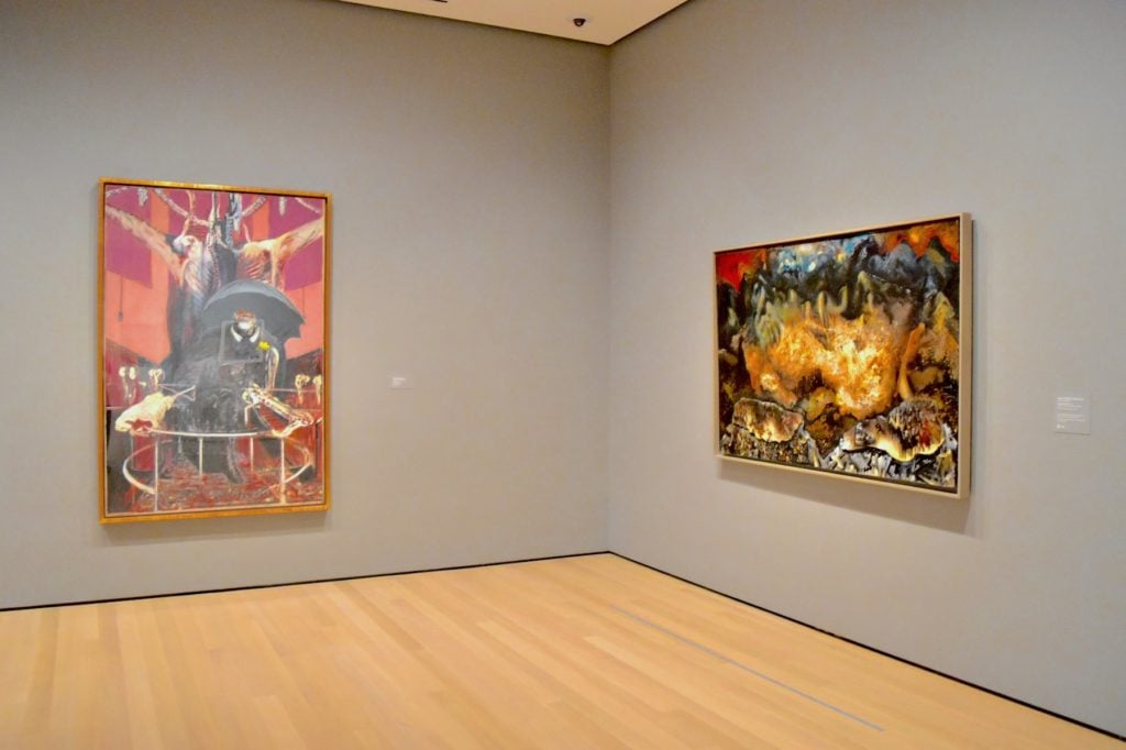 Francis Bacon, <em>Painting</em> (1946) and David Alfaro Siquieros, <em>Collective Suicide</em> (1936) in the "Responding to War" gallery. Image: Ben Davis.