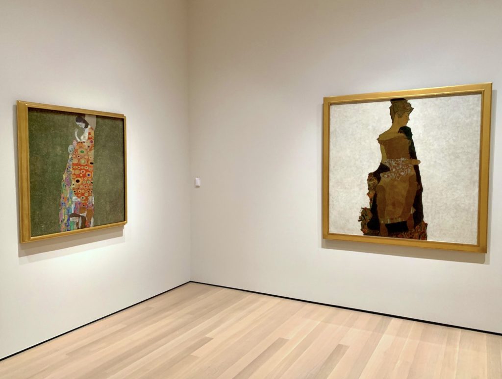 Gustav Klimt, <em>Hope, II</em> (1907-08) and Egon Schiele<em>, Portrait of Gerti Schiele</em> (1909). Image: Ben Davis.