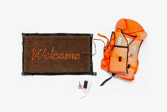 A welcome mat made from a migrant life jacket is one of the goods available from Banksy's new shop Gross Domestic Product. Photo courtesy of the artist.